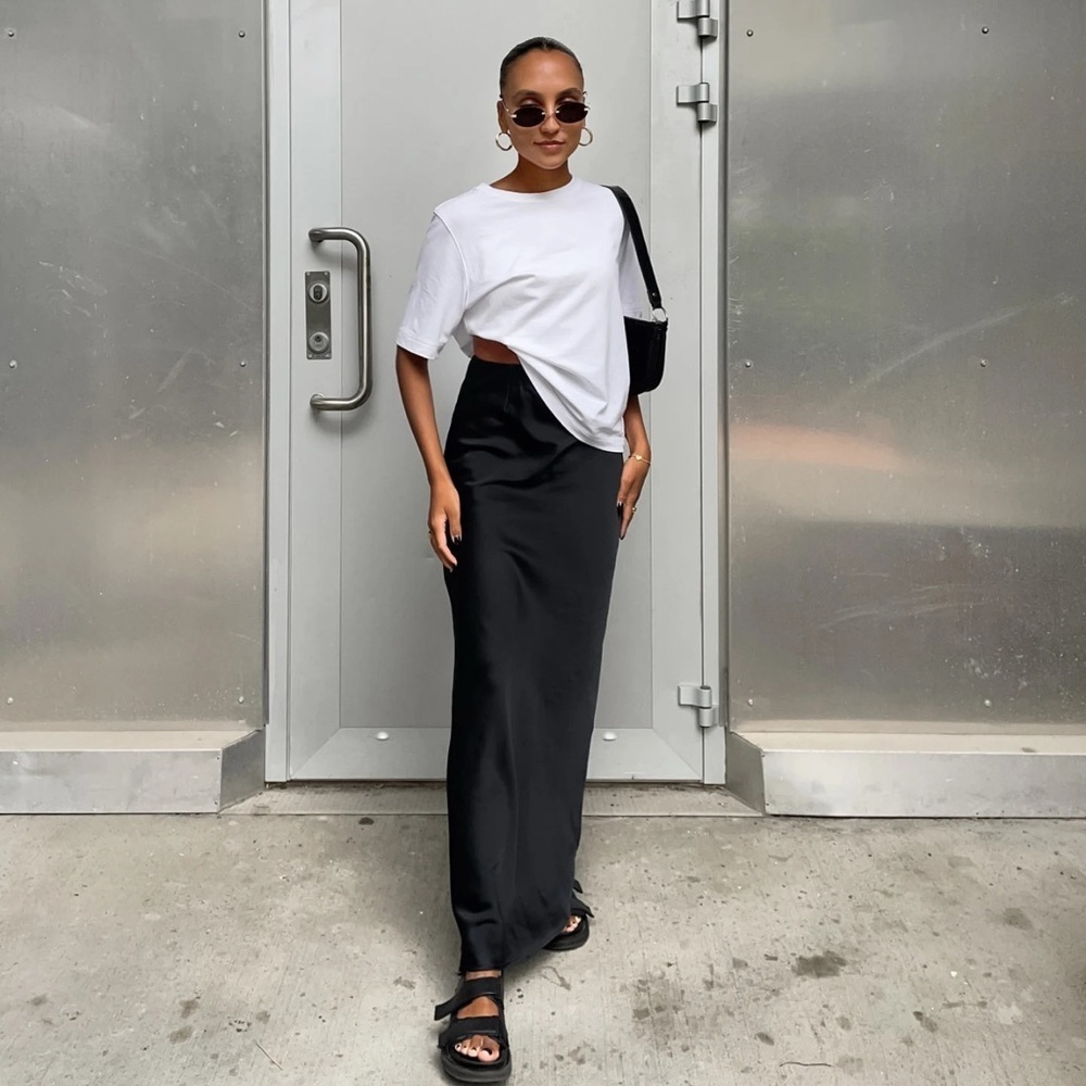 Black Satin High Waisted Long Skirt